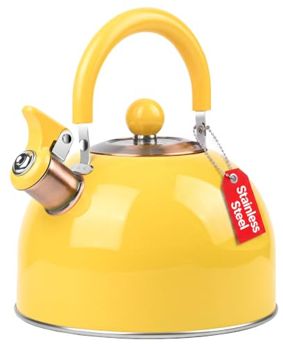 Whistling Tea Kettle Stainless Steel Cool Touch Handle Loud Whistle 19cm Base Induction Yellow 2.6L