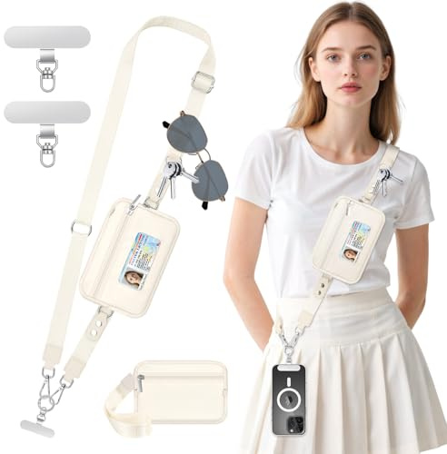MoKo Phone Crossbody Lanyard with RFID Wallet, Clip and Go Strap Crossbody Lanyard & Detachable Wallet with ID Window, Adjustable iPhone Strap with 360° Rotatable Phone Tabs for Smartphone, Beige