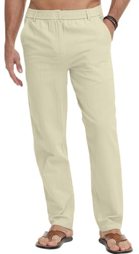 LVCBL Pantaloni da uomo, leggeri, estivi, lunghi, per il tempo libero, da spiaggia, beige., M