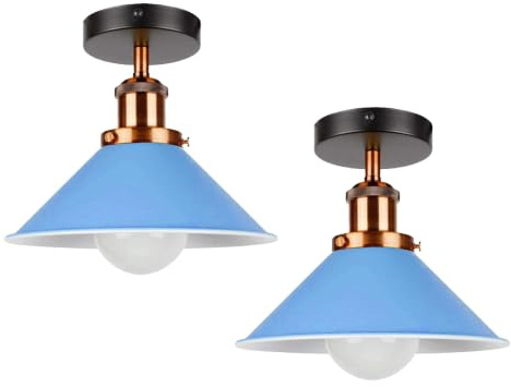 DC VOLTAGE 2 Pack Vintage Semi Flush Mount Ceiling Light Industrial Metal 22cm Blue Lampshade LED Ceiling Lighting for Farmhouse Porch Kitchen Bathroom
