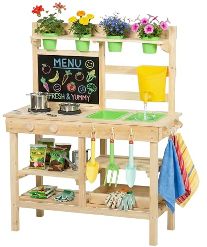 AIYAPLAY Cuisine pour enfants, cuisine d'extérieur en bois avec pots de fleurs, tableau noir, évier, robinet, cuisinières, ustensiles de cuisine et outils de jardinage, jouets d'extérieur pour filles