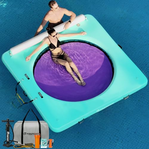 FBSPORT Plataforma Hinchable para el Agua, Isla Flotante Grande para Adultos, Balsa de Piscina y Lago con Red, Escalera, Portavasos y Anclajes, para Fiestas y Relajación, Incluye Bomba y Bolsa