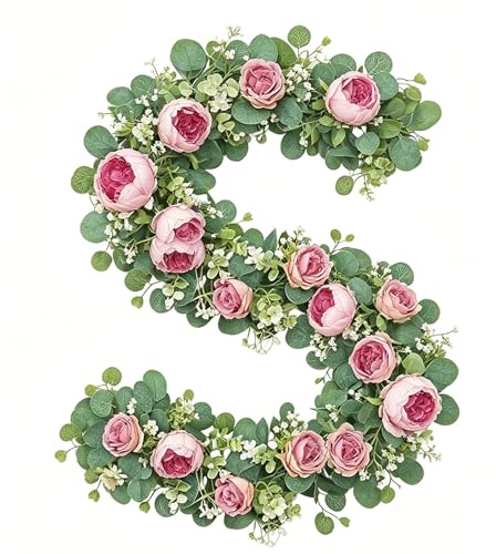 Artificial Eucalyptus Flower Garland, 2 PCS 6FT Fake Rose Flower Hanging Vine with Seeded Eucalyptus Leaves for Home Wedding Table Party Decor (Pink Purple)