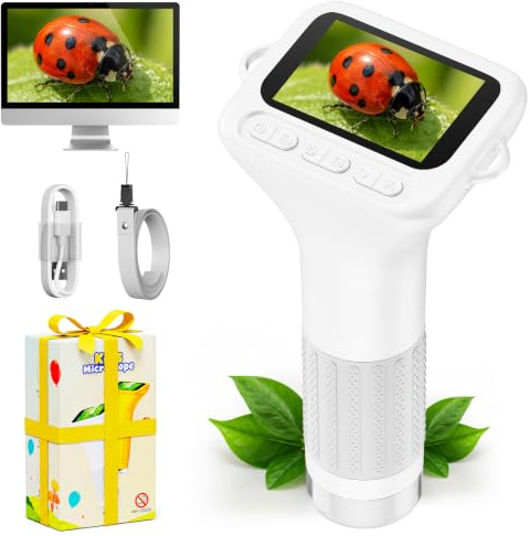 ASPOVEN Microscope Enfant 1000X, Écran IPS 2, Photo & Vidéo (Blanc) | Microscope Numérique avec 8 LED Réglables, Mise au Point Manuelle, Cadeau Scientifique pour Garçons et Filles