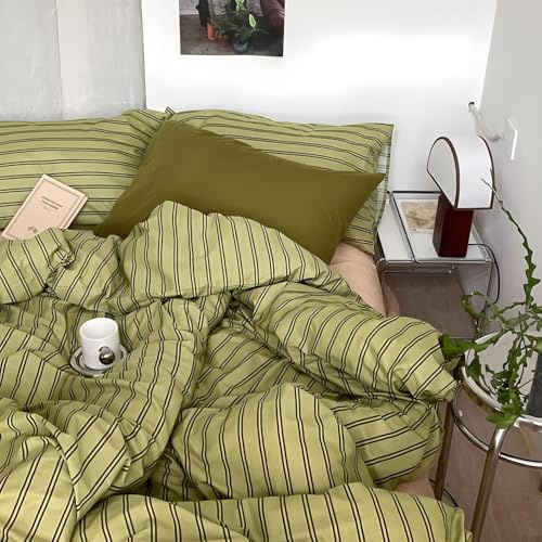 Nyescasa Bettwäsche 135x200 Olivgrün Gestreift Set mit Kissenbezug 80x80cm | Mädchen Frauen Wendebettwäsche Weiche Mikrofaser ÖKO-TEX Renforce Streifen Bettbezug mit Reißverschluss