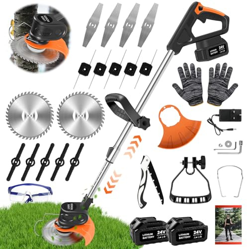 Cordless Strimmer, 24V Electric Grass Trimmers with 6x Metal Blades & 10x Plastic Blades, Telescopic Garden Strimmer with 2X 4000mAh Batteries, Battery Strimmer Grass Cutter for Garden Lawn Shrubs