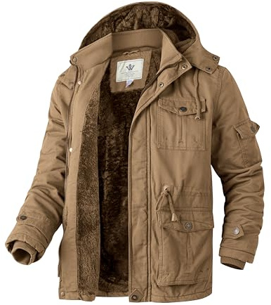 WenVen Giacca in Cotone Stile Militare Overcoat Work Winter Giaccone da Lavoro Giacca con Cappuccio Staccabile Uomo Cachi L