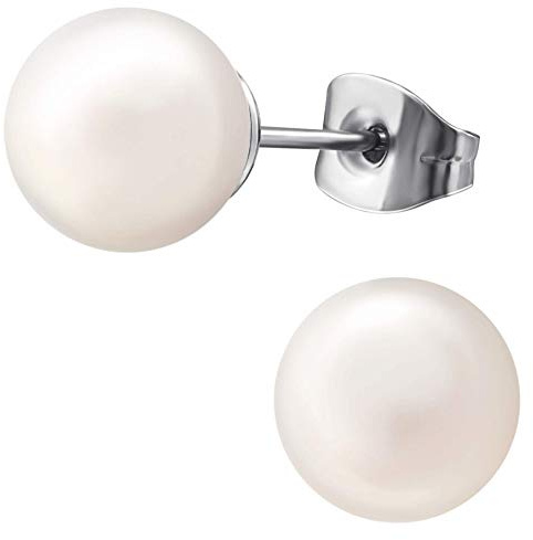 EYS JEWELRY Pendientes de perlas de acero inoxidable para mujer, acero quirúrgico 316L, 8 mm, Acero inoxidable, Perla
