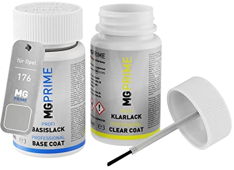 MG PRIME Autolack Lackstift für Opel 176 / GAN Argonsilber Metallic +1K | Switch Blade Silver Metallic, Set aus Basislack + Klarlack, Lackfläschchen mit Pinsel, je 50ml