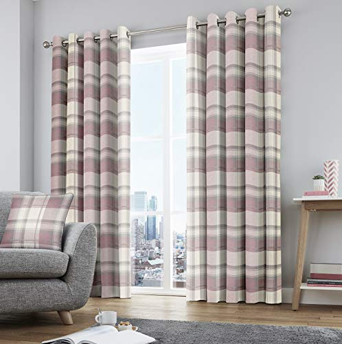 Fusion Balmoral Check Tartan 168 x 137 cm-100% Coton-2 Panneaux Carreaux œillets Gris à Motif écossais-Rideaux Blush pour Salon et Chambre à Coucher, Rose Poudré, 168 x 183cm