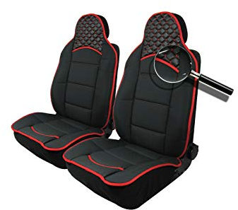 2x Sitzauflage Sitzkissen Sitzmatten PKW Sitzschöner Rückenkissen Roter Naht Schwarz Stoff + Kunstleder