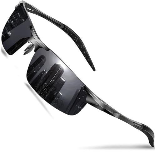 Sonnenbrille Herren Polarisiert Fahrradbrille Sportbrille Verspiegelt Fahrerbrille mit Metallrahmen Ultraleichte UV400 Schutz 8177 (Grau/Nicht Vespiegelte Linse)