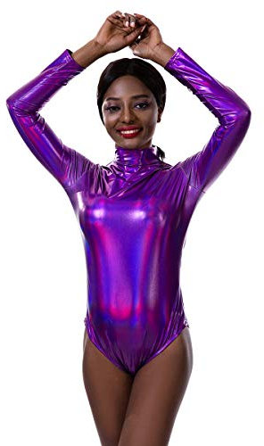 IWEMEK Damen Laser Metallic Langarm Ballett Tanz Trikot Leotard Glänzende Ballettanzug Ballettbody Tanzbody Lack Leder Bodysuit Wetlook Body Sport Gymnastik Turnanzug Top Kostüm Violett L