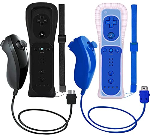 ZeroStory 2 confezioni di controller wireless e Nunchuck per Wii e Wii U Console, Gamepad con custodia in silicone e cinturino da polso (nero e blu scuro)