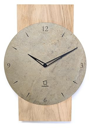 Natuhr Schiefer Wanduhr - Zugspitze - Holz Eiche Schiefer Stein geräuscharm Made in Germany (Heller Schiefer - Eiche unbehandelt, Quarz-Uhrwerk)
