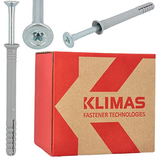 KLIMAS Schnellmontage Schlagdübel mit Kragen & Senkkopfschrauben 6,0 x 80 mm 100 Stück | Nageldübel Porenbeton Dübel Einschlagdübel Nagelanker Kunststoffdübel Langschaftdübel Set
