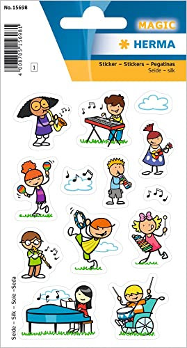 HERMA 15698 Aufkleber Musik klein, 13 Stück, Musiknoten Sticker aus Seide Stoff mit Musiker Rock Band Motiv, Kinder Etiketten für Fotoalbum Tagebuch Poesiealbum Scrapbooking Geburtstag Deko Briefe DIY