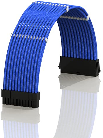 LINKUP - AVA 50cm ATX 24 Pin (20+4) Motherboard PSU Braided Sleeved Power Supply Extension Cable w/Combs | Strong & Stiff Design | Single Pack | 500mm - Blue