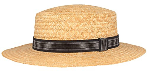 Breiter Kreissäge Strohhut Sommerhut Sonnenhut aus 100% Stroh mit schwarzem Ripsban Gondoliere-Hut Made in Italy 6 cm Krempe - Beige, Blau gestreift, M 56-57