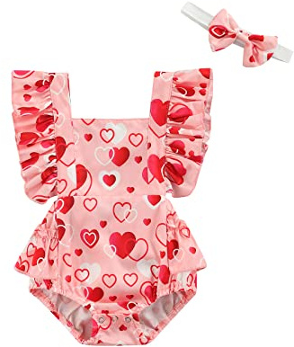 Loalirando Toddler Baby Girls Valentine's Day Romper Fly Sleeve Backless Bodysuit Heart Printed Triangle Jumpsuits+ Headband Outfits (Red, 18-24 Months)