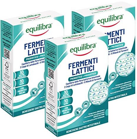 Equilibra Integratori Alimentari, Fermenti Lattici, 5 Miliardi U.F.C, Integratore con Fermenti Lattici ad Azione Probiotica, con Inulina, Equilibrio Flora Intestinale,3 Pezzi da 10 Bustine Orosolubili