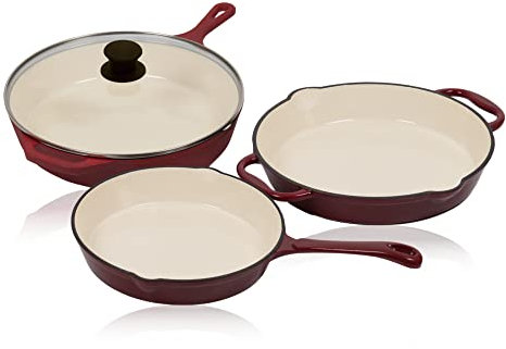 Mahlzeit Juego de Sartenes de Hierro Fundido Esmaltado Dark Cherry | 3 Piezas | Ø 24 cm, Ø 29,5 cm, Ø 29 cm | Sartén Redonda Esmaltada con Tapa | Ollas de Cocina Esmaltadas