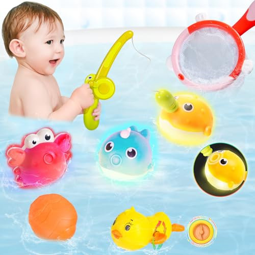 Highttoy Badespielzeug Baby ab 1 Jahr, 7 Stück Magnetisches Badewannen Angelspiel Set mit 3 Leuchtender Angel Spielzeug/Aufziehbares Schwimmende Ente/Fischernetz/Angelrute/Spritzball Wasserspielzeug
