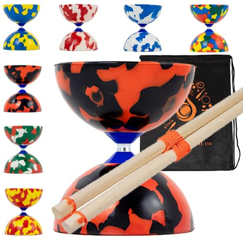Jester Diabolo Set with Wood Sticks - Pro Medium Rubber Diablo Set With Wooden Handsticks and Cascade Carry Bag (Red and Black)