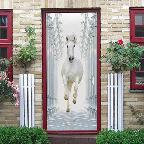 Türtapete Modepersönlichkeit Weißes Pferd Selbstklebend Türposter 3D Türaufkleber Fototapete 3D Effekt Türfolie Wandtattoo Wandbild 90X200Cm Diy Wohnzimmer Schlafzimmer Büro Wohnkultur Dekoration