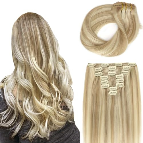 ABH AMAZINGBEAUTY HAIR Clip in Extensions für Frauen Hellbraune Highlights Platinblond 8 Stück/120g 35cm Clip in Extensions Echthaar lang Glatt P8/60 Weiches Haar Geschenk für Frauen