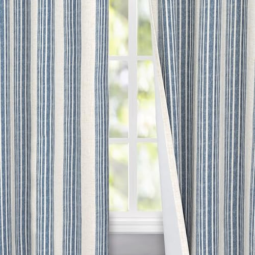 DriftAway Chris Linen Blackout Curtains with Thermal and Sound Reducing Layer 96 Inches Long for Bedroom Striped Printed Drapes Thermal Insulated Lined Window Treatments for Living Room Jean Navy