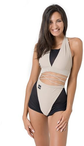 Invertika Completo Donna Top e Shorts Unica Pole Dance Sportivo con Retina e Sgambatura Regolabile con Lacci. Made in Italy (L, Beige)