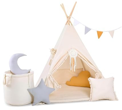 Kinder Teepee Tipi Set für Kinder Spielzeug drinnen draußen Spielzelt Zelt 8 Elemente dabei Tipi-Set Indianer Indianertipi mit Fenster usw. (mit Zubehör Beiger Wolf)