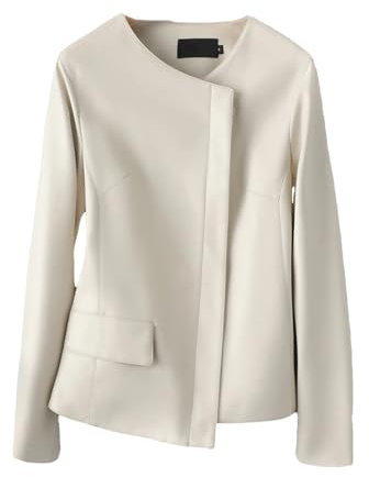 Unregelmäßige Reißverschluss Schaffell Jacken Für Frauen Casual Langarm Schlank Echt Leder Jacke Mantel, Beige/Weiß, 50