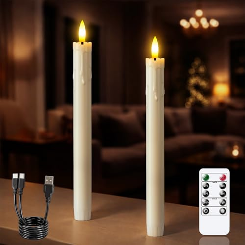 Zevanor Wiederaufladbare flammenlose 2,2cm x25cm LED-Stabkerzen mit Fernbedienung und Timerfunktion, 2er-Pack flackernde elfenbeinfarbene Kunststoffkerzen (inkl. USB-Ladekabel)