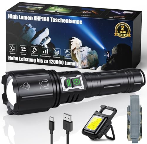 inverkey Torcia A Led Ricaricabile, Torcia A Led Extra Luminosa Con Portachiavi Per Torcia, Torcia Tattica Impermeabile Zoomabile Con 6 Modalità Per Il Campeggio E Le Emergenze Come Powerbank