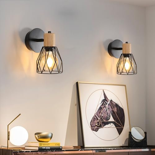 Comely 2 Piezas Lámpara de Pared Vintage, Giratorio 350 ° Aplique Pared Interior Industrial, Diseño Jaula de Madera y Metal Luz de Pared Retro Iluminación E27 para Dormitorio Salón Pasillo Cocina