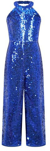 CHICTRY Kinder Mädchen Pailletten Overall Glitzer Jumpsuit Neckholder Hosenanzug Ärmellos Oberteil Gerades Bein Hose Party Disco Tanzkostüm Königsblau 122-128