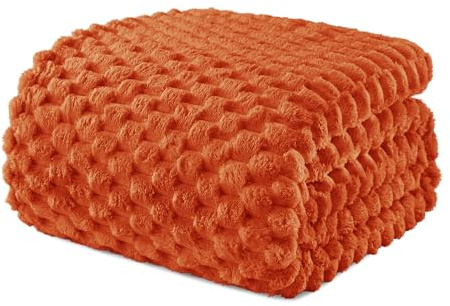 Exclusivo Mezcla Mjuk fleecefilt i dubbel storlek, 229 x 229 cm, elegant jacquard-sammetsfilt för säng, luddig, mysig, lätt, för hela säsongen, bränd orange