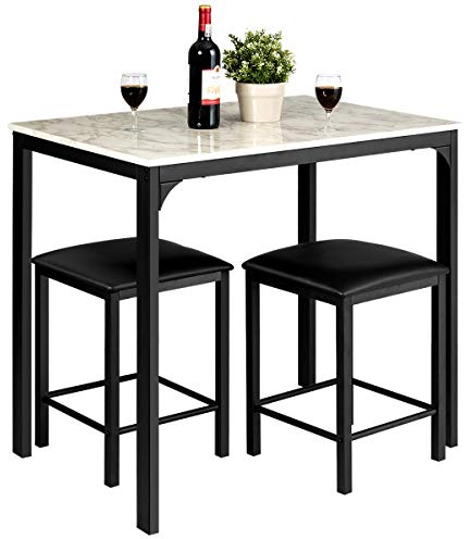 GIANTEX Bartisch mit Barhocker Set, Bartisch Küche, Küchentheke mit Hocker gepolstert, Essgruppe für 2 Personen, Esstisch Küchentisch Esszimmertisch Marmor Optik, Esszimmergruppe Küchenbar Sitzgruppe