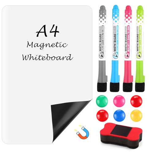 VFANDV Film magnétique autocollant A4 avec 4 marqueurs, 1 éponge, 6 aimants de réfrigérateur, tableau magnétique effaçable, pour bureau, école, maison, cuisine