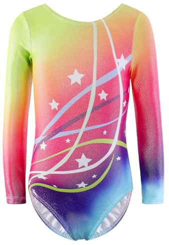 XiaoMoSha Gymnastikanzug für Mädchen, langärmelig, Tanzanzug, glitzernd, Ballett, Tanzkleidung für kleine Mädchen von 2–14 Jahren, RainbowStars, 7-8 Years