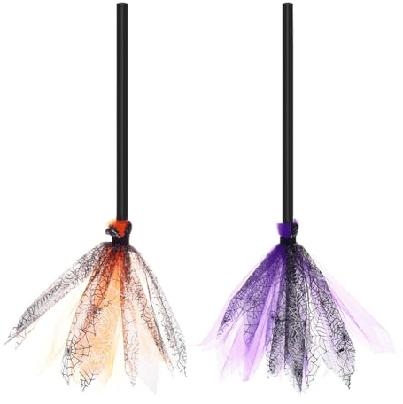 HAICN 2Pcs Halloween Witch Brooms Kids Plastic Witch Broom Plastics Witch Broomstick Props Decoration Party Broom for Halloween Costume Accessories