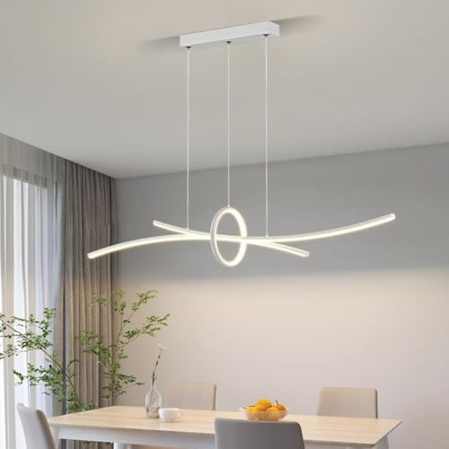 Aleaty 110CM LED Pendelleuchte Moderne Esstisch Kronleuchter Dimmbare Deckenleuchte mit Fernbedienung Hängeleuchte Höhenverstellbar Pendellampe für Wohnzimmer Esstisch Esszimmer (Weiß)