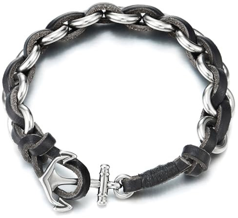 COOLSTEELANDBEYOND Marine Anker Schäkel Verschluss, Edelstahl Kette und Leder Geflochtene Armband, Herren Damen Armreif Schweißband
