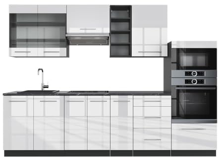 Vicco Küchenzeile Fame-Line, Weiß Hochglanz/Anthrazit, 280 cm | 9 Module · Höhenverstellbare Füße · AP Anthrazit inkl. · MDF-Fronten · Softclose · Metallgriffe