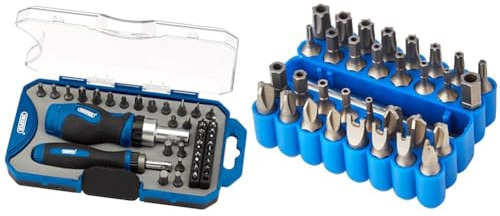Draper 46479 Ratchet Screwdriver and Bit 42 Piece Set, Blue & 82406 Security Bit Set - Silver (33-Piece), 33 Pieces