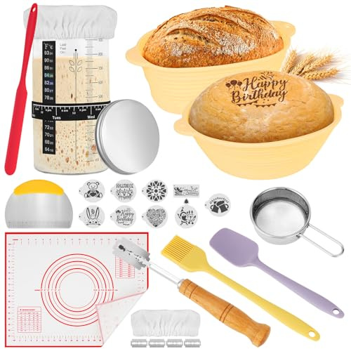 Gärkorb Gärkörbchen für Brotbacken, Sauerteig Starter Set Silikon Brotgärkörbe Brot Machen Backen Körbe Gärungszubehör Backen Starterglas, Backmatte, Schaber, Stoffdeckel, Bratpinsel