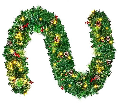 2.7M/9FT Christmas Garland with Lights, Christmas Garlands for Fireplace Stairs Artificial Wreath with 50 LED Lights and Pine Cones Berries for Xmas Tree Front Door Home Holiday Decor