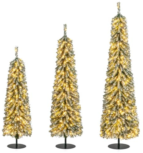 COSTWAY 3er Set Bleistift Weihnachtsbaum Künstlich, 120+150+180cm, Tannenbaum mit Schnee & LED-Lichtern, Kunstbaum Christbaum für Zuhause Büro, Grün + Weiß